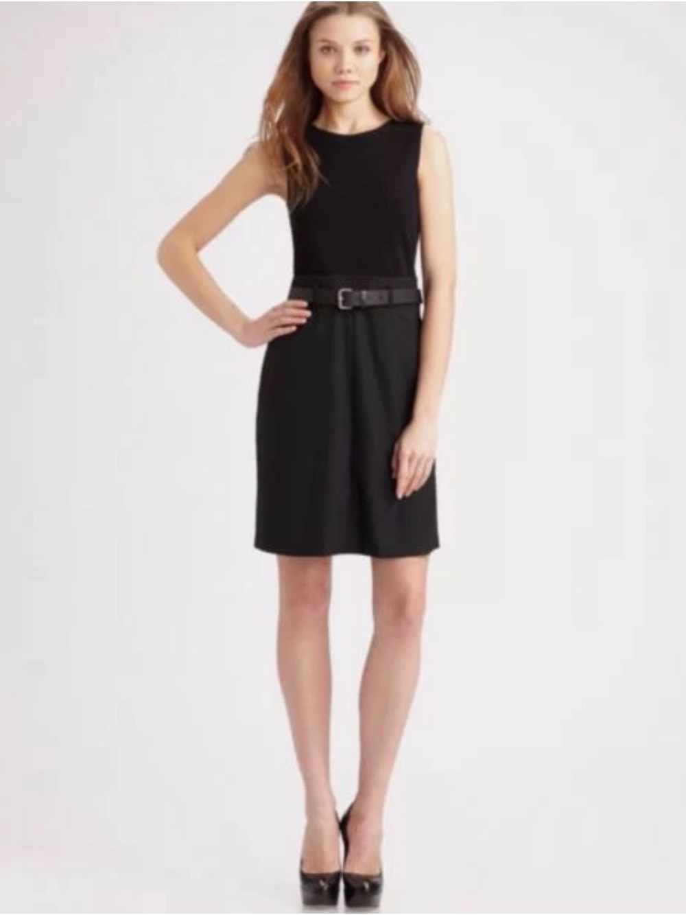Theory Black Sleeveless Belted Dress wool bottom stretch top Size 4